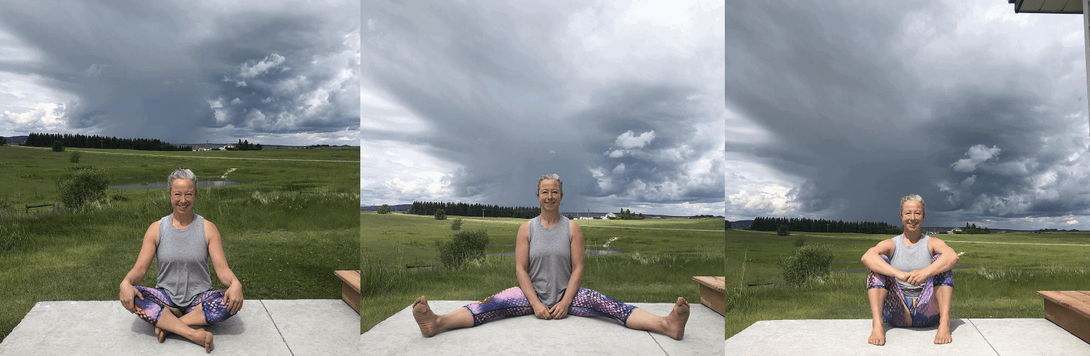 A woman is showing three different floor sitting positions.