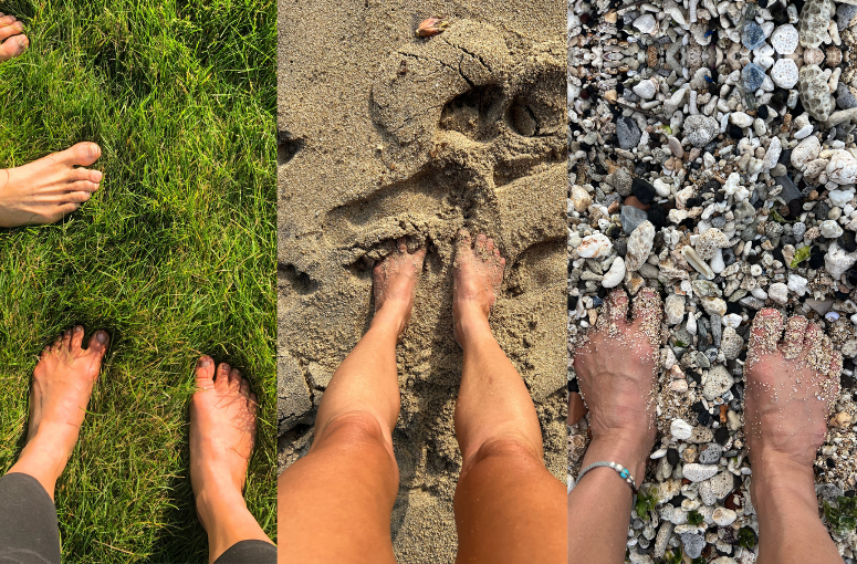 Barefoot feet walking on different textures